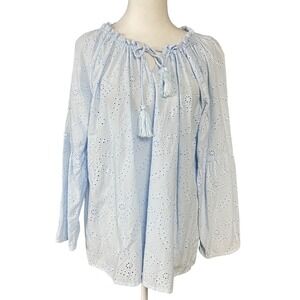 Pure Collection Top Womens US 8 Blue Eyelet Tassel Boho Blouse 100% Cotton UK 14